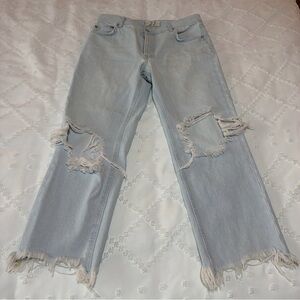 We The Free People Women Maggie Distressed Mid Rise Button Fly Straight Jeans 27